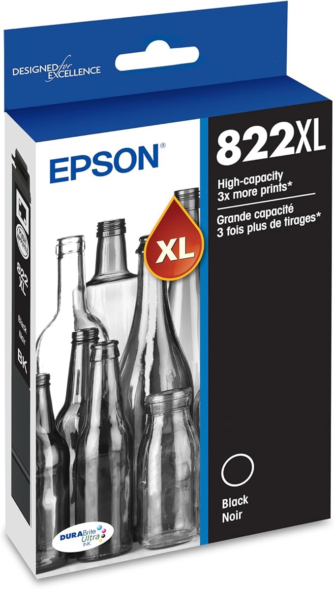 EPSON 822 DURABrite Ultra Ink High Capacity Black Cartridge (T822XL120-S) Works with WorkForce Pro WF-3820, WF-3823, WF-4820, WF-4830, WF-4833, WF-4834