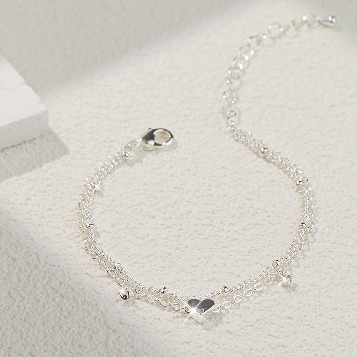 Sterling Silver Anklet Bracelets for Women Waterproof, 925 Sliver Plated CZ Heart Charm Dainty Layer Anklets for Women Trendy, Simple Chain Anklets Set Gifts for Women, Jewelry Gifts for Her Women Mom Wife Girlfriend