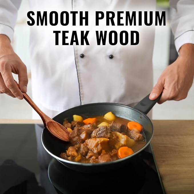 Zulay Kitchen 9.4" Teak Wooden Cooking Spoon Durable, Non-Stick Wooden Utensil for Cooking, Stirring, Mixing Serving Heat-Resistant, Smooth Finish Kitchen Spoon for Nonstick Cookware