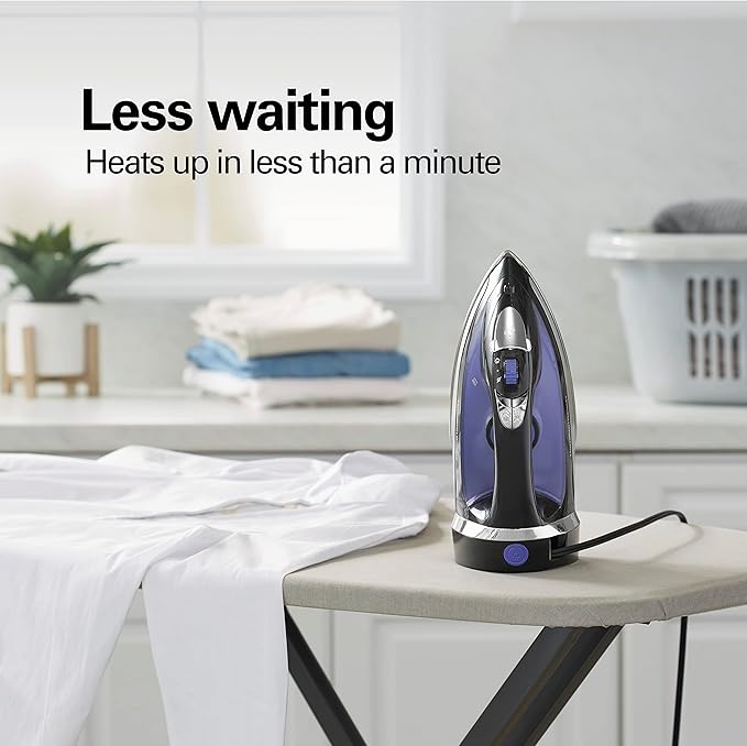 Hamilton Beach Steam Iron for Clothes Garment Steamer with Smooth Press Stainless Steel Soleplate, 1200 Watts, 8Ao Retractable Cord, Black (14214)
