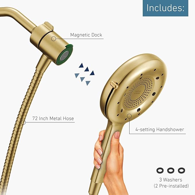 Moen N400H0BG Quattro Handheld Four Unique Shower Experiences and Magnetix Dock, Brushed Gold