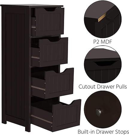 Yaheetech Bathroom Floor Cabinet, Wooden Side Storage Organizer, 4 Drawers Free-Standing Cabinet for BathroomHallwayLiving Room, Espresso