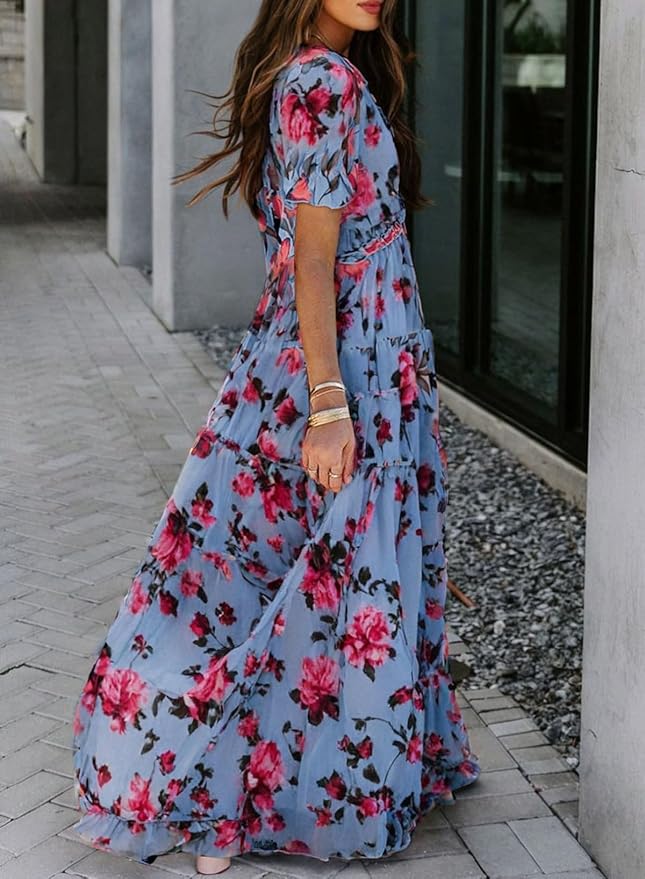 BLENCOT Womens Casual Boho Floral Printed V Neck Short Sleeve Long Evening Dress Ruched Cocktail Party Maxi Wedding Dress