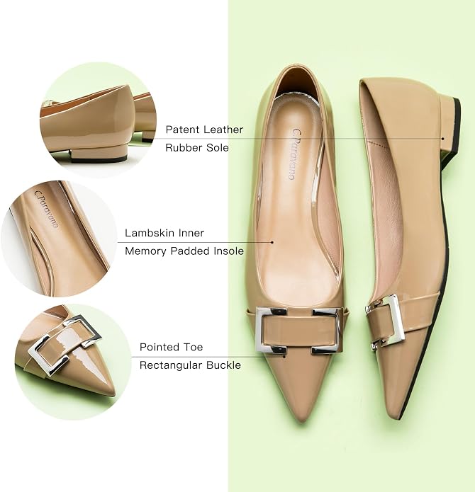 C.Paravano Women Flats | Pointed Toe Shoes | Ballet Flats | Work Daily Wear | Pointy Toe, Metal Decor, Comfortable Lambskin Leather Insole, Memory Foam, Elegant Dressy, Party Office Casual, Classic Chic