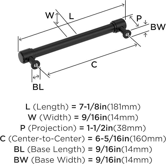 Amerock Faircrest 6-516 inch (160mm) Center-to-Center Matte Black Cabinet Pull, BP37465MB
