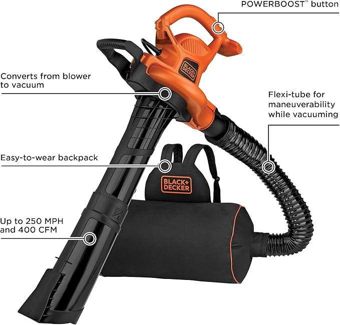 BLACK+DECKER Electric Leaf Blower, Leaf Vacuum and Mulcher 3 in 1, Backpack Blowers for Lawn Care,250 mph Airflow, 400 cfm Delivery Power, Reusable Bag Included, Corded (BEBL7000)