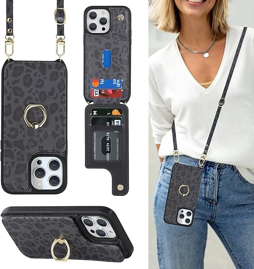 for iPhone 13 Pro Max/iPhone 12 Pro Max Case with Card Holder for Women,Crossbody Strap Lanyard,Credit Card Holder,Ring Stand,Snap Clasp,Cute Wallet Case 6.7 inch (Black Leopard)