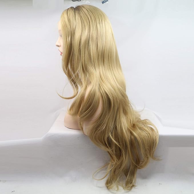 Xiweiya long blonde synthetic lace front wigs wavy side part wavy wig brown root long blonde wavy wig hair replacement wig for women, drag queen makeup 24 inch (24")