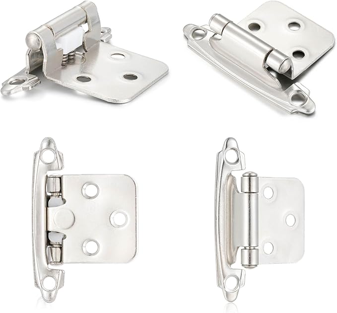 10 Pack (5 Pair) Brushed Satin Nickel Self-Closing Cabinet Hinges for Flush Mount Kitchen Cabinet Door, 1/2" Overlay (Variable) Face Frame Semi-Concealed Hinges