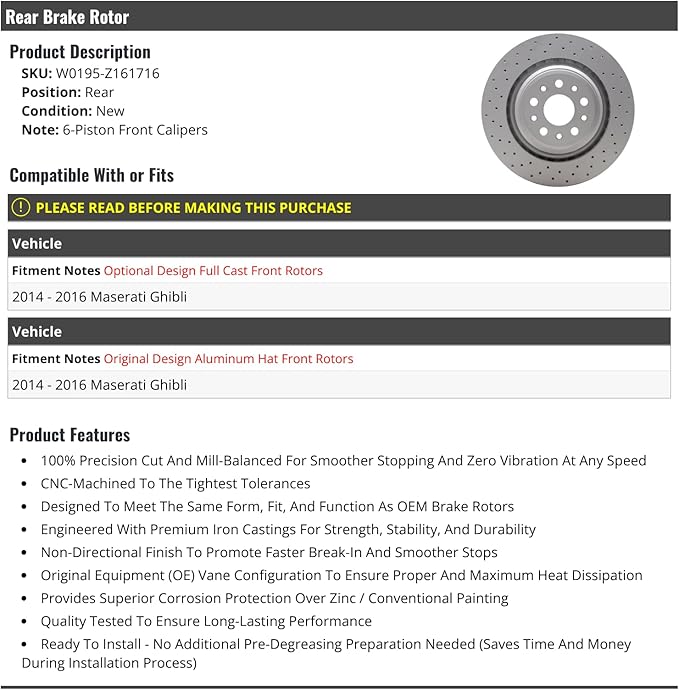Rear Drilled Disc Brake Rotor - Compatible with 2014-2016 Maserati Ghibli (Models with 6-Piston Front Calipers Only)