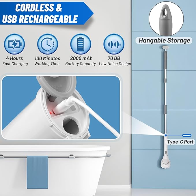 Electric Spin Scrubber Cordless BestMal 9 in 1 Tornado Scrub Shower Scrubber Power Scrubber for Cleaning Electric Scrubber for Cleaning Shower Brush Electric Grout Scrubber Bathroom Cleaning Tools