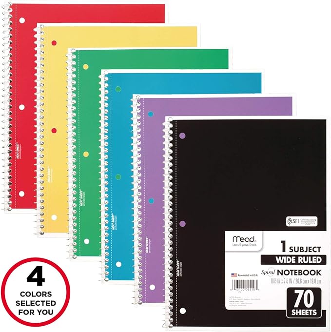 Mead Spiral Notebook, 4 Pack, 1-Subject, Wide Ruled Paper, 7-12" x 10-12", 70 Sheets per Notebook, Colors Will Vary (72873)