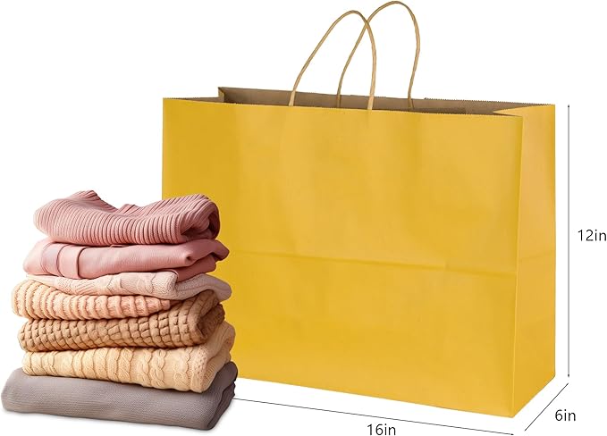 BLEWINDZ 50Pcs Kraft Paper Bags - Large Size 16x6x12 Inches Gift Bags with Handles Bulk Yellow Goodie Bag Shopping Bag for Grocery Merchandise