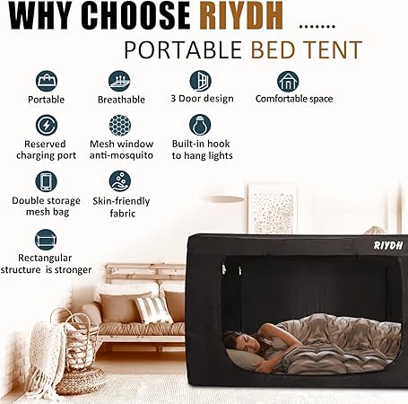 Bed Tent Bed Canopy Tents for Adult - Portable Dream Tent Indoor Sleeping Tents 70 Blackout with 3 Doors Breathable Private Space Tents