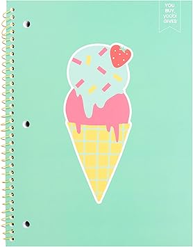Yoobi 1 Subject Notebook Ice Cream Cone, College Ruled 100 Perforated, 3-hole Punched Sheets 2 Interior Pockets PVC Free, FSC Certified Paper 10.5 x 8.4 x 0.5