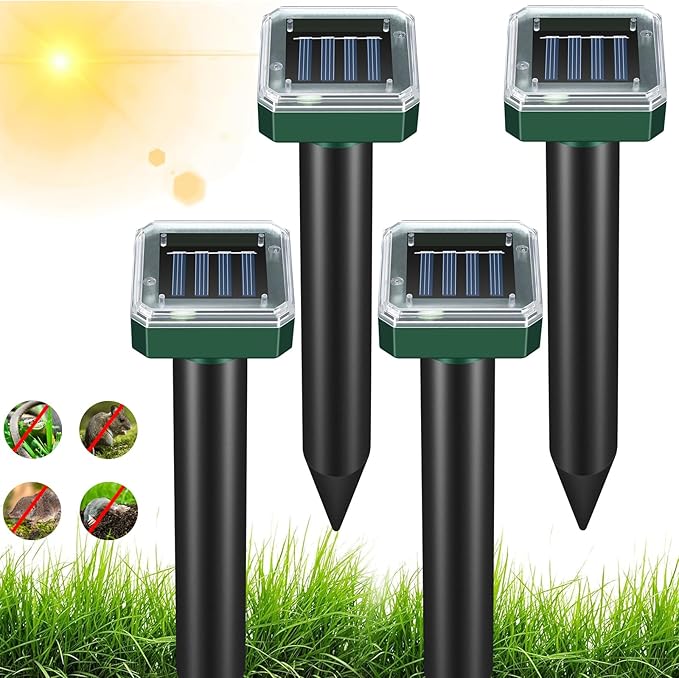 4 Pack Mole Repellent Solar Powered, Waterproof Vole Chipmunk Repellent Outdoor,Ultrasonic Gopher Mole Repellent for Lawn Garden, Mole Deterrent,Groundhog Repeller, Snake