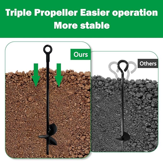 Ground Anchors, Tent Stakes Heavy Duty, Trampoline Anchor Kit, Triple Propeller,Heavy Duty Anchor Hook for Canopies, Car Ports, Sheds, Swing Sets, Easy to use, 4pcs 15 Black