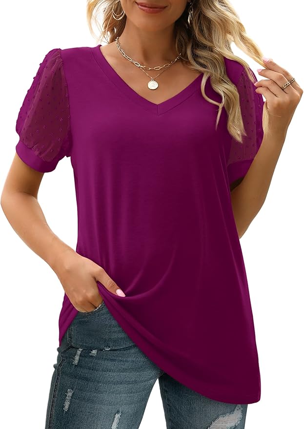 Aokosor Womens Summer Tops V Neck T Shirts Swiss Dot Puff Sleeve Tops Loose Casual Tshirts