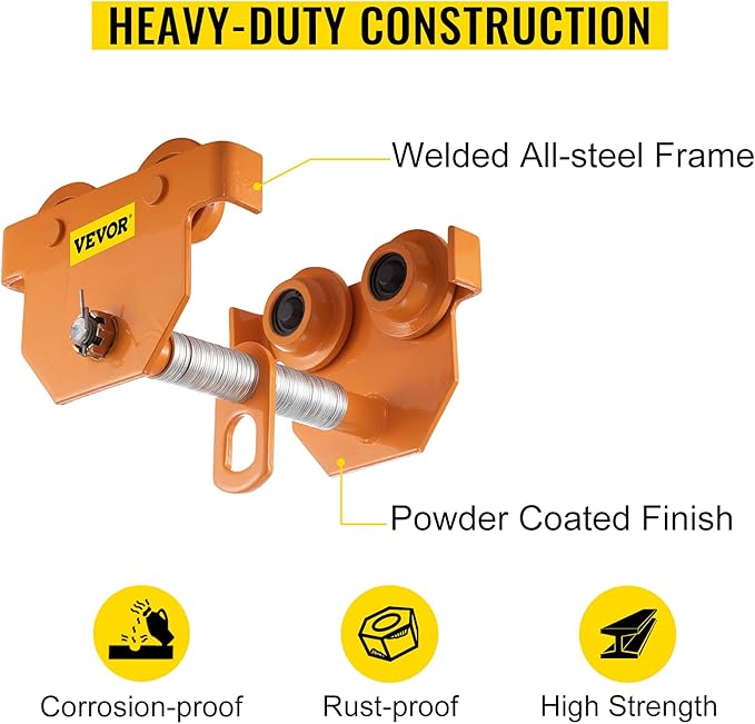 VEVOR 2200LBS 1 Push Manual 2200LBS1 Ton Load Capacity Beam Trolley with Dual Wheels 2.5-8 inch Adjustable Width, Orange