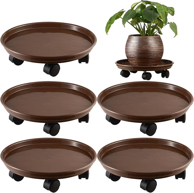 Pack of 5 extra-large plant baskets with wheels, 15-inch rolling stands, sturdy plastic roller base, brown color