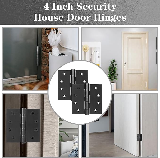 2 Pack Stainless Steel Black Door Hinges, Heavy Duty Door Hardware, 4 x 4 Inch Door Hinge with Ball Bearing, Door Hinges with Square Corners