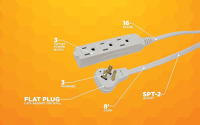Woods SlimLine Indoor Flat Extension Cord, 8 Ft, 16 Gauge Right Angle Plug, 3 Polarized Outlets, 125 Volts, White, 2241