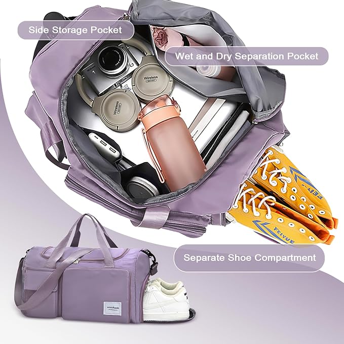 WOOMADA Foldable Travel Duffel Bag with Shoes Compartment, Overnight Bag with Wet Pocket Trolley Sleeve, Weekender Bags for Women(A-pink leopard)