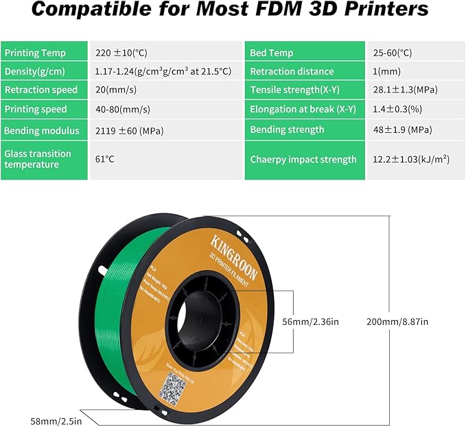 Kingroon PLA 3D Printer Filament, Dimensional Accuracy - 0.02 mm, 1 kg Spool(2.2lbs), 1.75 mm,Green