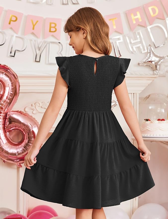 Arshiner Girls Dress Summer Ruffle Sleeve Smocked Tiered Casual Party Sundress with Pockets