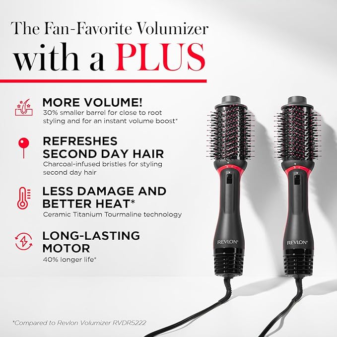 REVLON One-Step Volumizer Plus Hair Dryer and Styler, Enhanced Motor for Less Frizz, More Shine, and Reduced Heat Damage for Salon Style Round Brush for Blowout, Black ( Exclusive)