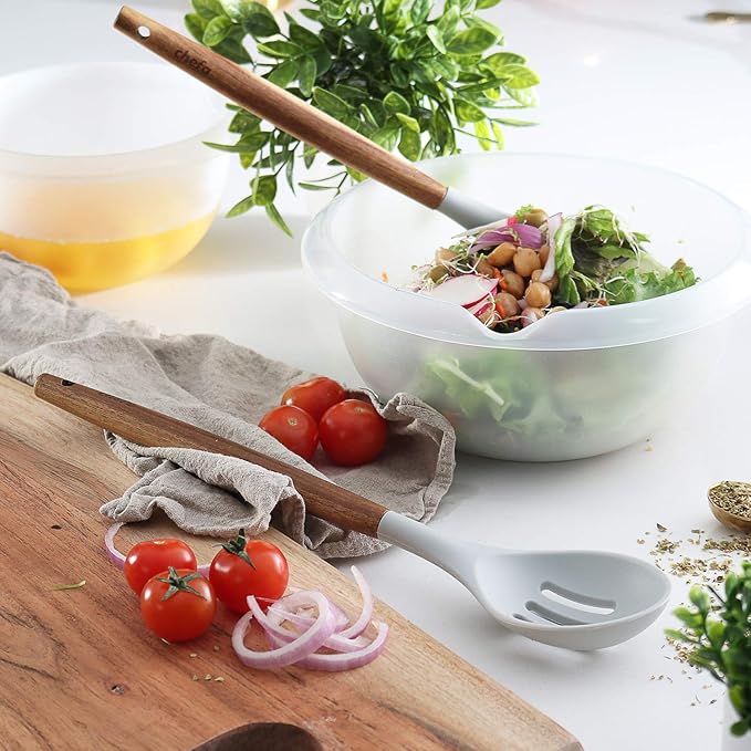 Silicone Slotted Serving Spoon - with Wooden Handle, Non-Stick Cookware Heat Resistant Kitchen Utensil - Light Gray