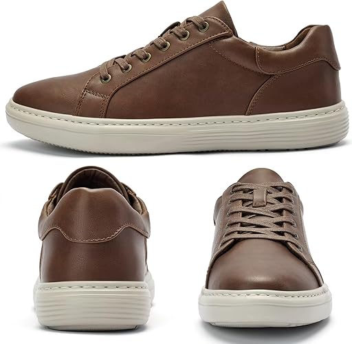 Mens Shoes Casual Sneakers - Business Brown Leather Comfort Memory Foam Fashion Dress Sneakers for Men Office Walking Size 8.5