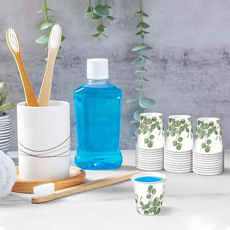 RUSPEPA 2 oz Bathroom Cups, Disposable Paper Cups - 100 Pack Eucalyptus Design Printed - Mini Mouthwash Rinse Paper Cups for Home, Bathroom, Picnic, Party, and Events