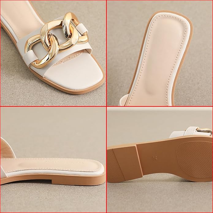Zeberfi Women's Metal Chain Flat Slide Sandals Fashion Square Open Toe Single Band Slippers for Summer