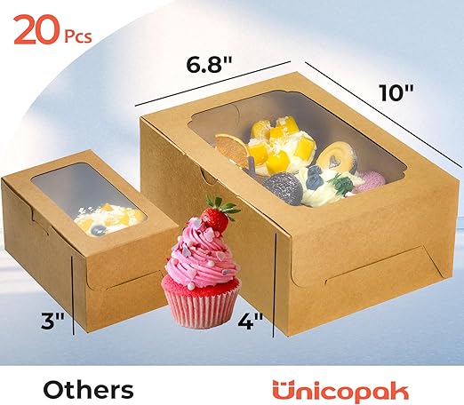 UnicoPak 20 Pack 10 x 6.8 x 4 Inch Tall Brown Cupcake Boxes with Handle Tray, Cupcake Boxes 6 Count, Large Cupcake Boxes Muffin Boxes for Standard or High Creams Cupcakes Jumbo Cupcakes