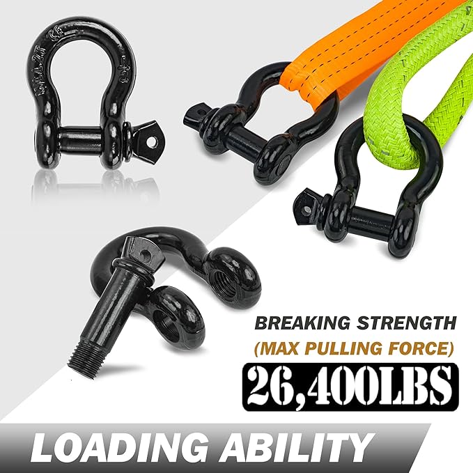 D Ring Shackles, 12" Clevis Shackle with 916" Screw Pin 26,400Ibs Break Strength, Rugged Off Winch Shackle Heavy Duty Shakcles (Black) Accessories for Jeep Pickup Trucks SUV Trailer ATV UTV
