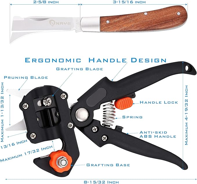 NAYE - 2 in 1 garden grafting tool kit for fruit trees with grafting knife, additional replacement blades included, professional grafting scissor scissors