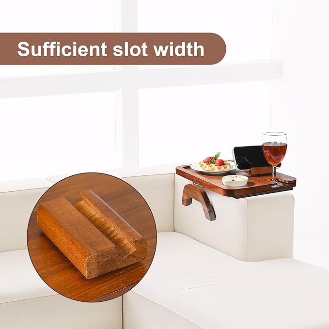 Upgrade Sofa Arm Tray, Bamboo Couch Arm Table with Wine Cup Holder, Foldable Armrest Tray Clip on Wide Couches for Eating, Drinks, Snacks, Remote, (Brown)