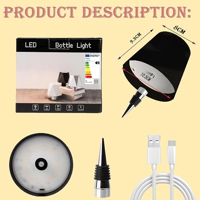 Wireless Bottle Lamp Shade-3 Color Stepless Dimming Bottle Table Lamp,Rechargeable Wireless Wine Bottle Lights,Touch Control Wine Bottle Lamp,Embed Portable Bottle Lights for Livingroom,Restaurant,Bar