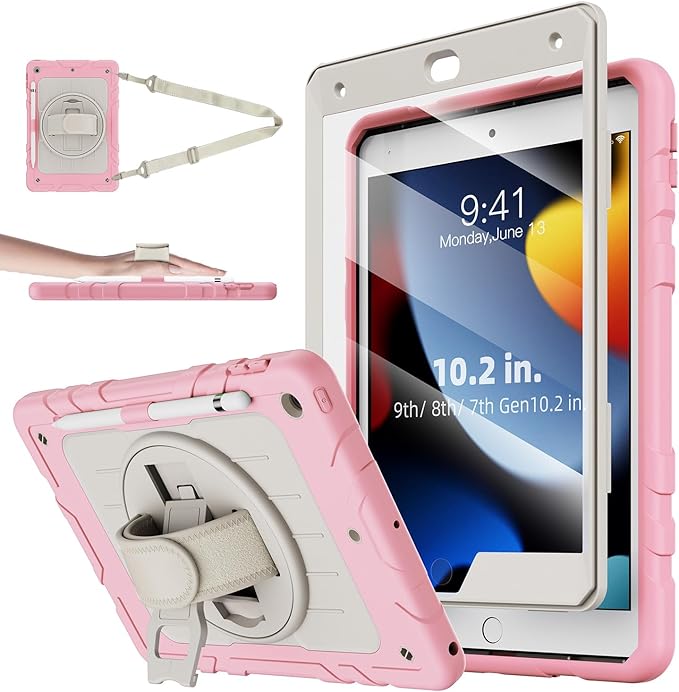 Case for iPad 9th/8th/7th Generation-Built-in Screen Protector,with Pencil Holder&360°Rotating Hand Strap,Shoulder Strap,Case for iPad 10.2 inch 2021-2019(Pink/Beige)
