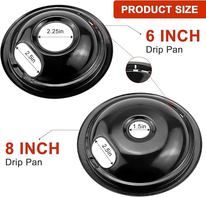 W10290350 W10290353 Black Porcelain Burner Drip Pans By AMI PARTS - Replacement for Whirl-pool Electric Range Cooktop - Includes 2 8-Inch and 2 6-Inch Pans