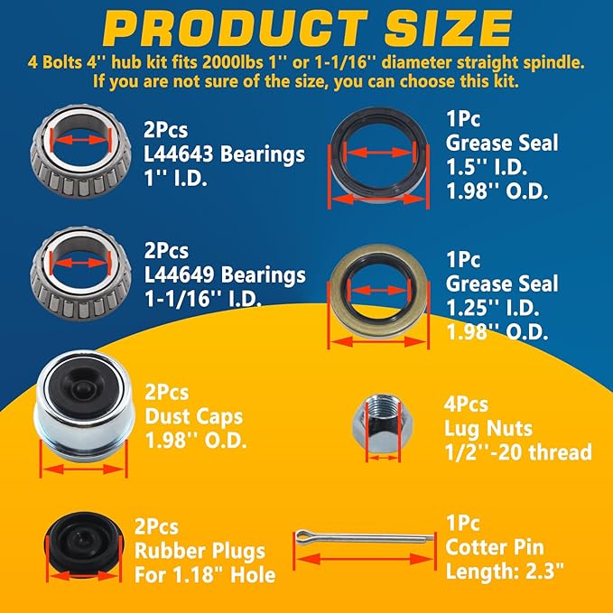 Set 4 on 4'' Trailer Hub Kit for 2000 lbs 1" or 1-1/16" Trailer Straight Axle, 4x4'' Trailer Idler Hub Kit 4 Bolt, Fits 1" and 1-1/16" Spindle, Trailer Hub Kit with Extra Cap & Rubber Plug