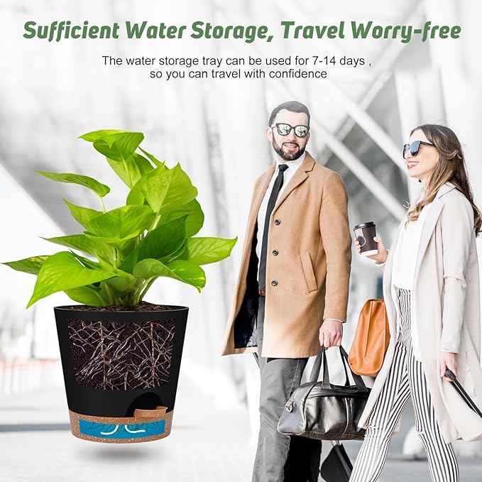 Indoor self-watering pots with drainage holes and saucers, 8, 7, 6.5, 6, 5.5, 5 inches, black color, 6 pots