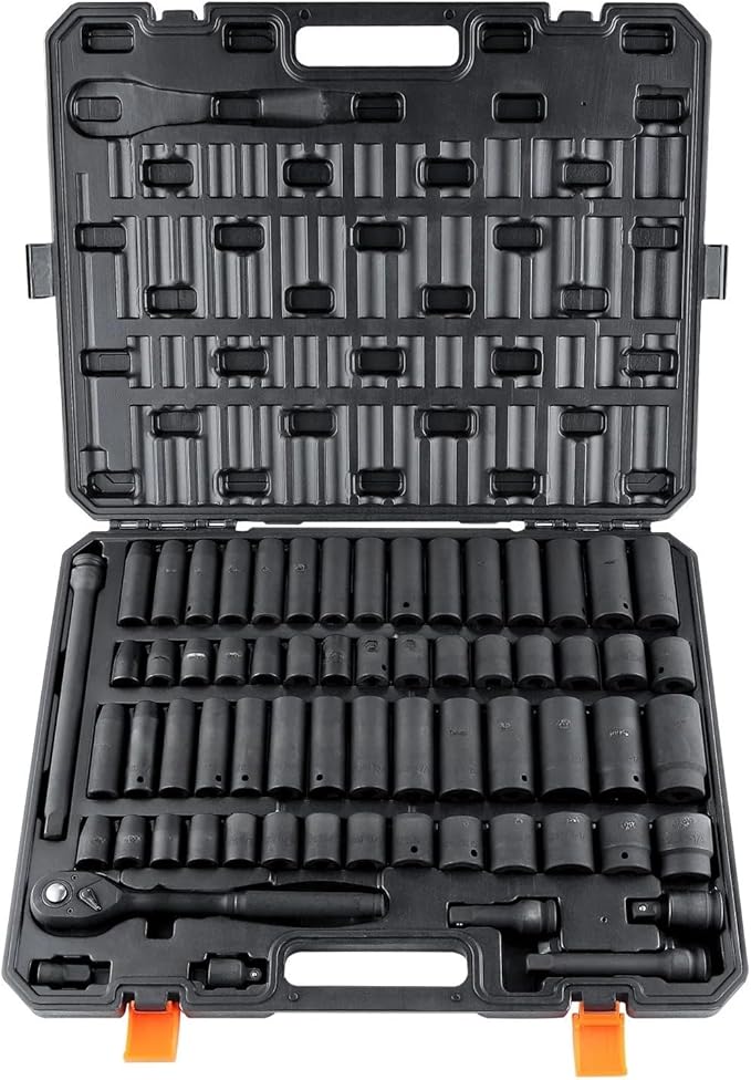 12" Drive Impact Socket Set, 65 Piece Socket Set SAE 38" to 1-14" and Metric 10-24mm, 6 Point Cr-V Alloy Steel for Auto Repair, Rugged Construction, Easy-to-Read Size Markings, Storage Case