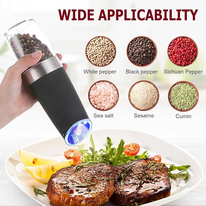 Electric Salt and Pepper Grinder - Rechargeable Pepper Grinder, Pepper Mill Grinder with Blue Light and Stand (Black)