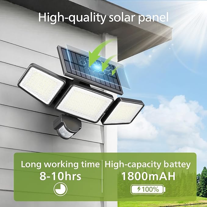 Solar Security Light Outdoor Light 302 LEDs 1200lm?Solar-Powered Waterproof Wall-Mounted Flood Light w/PIR Motion Sensor, 3 Heads, IP65 Waterproof, 3 Modes (1 Pack)