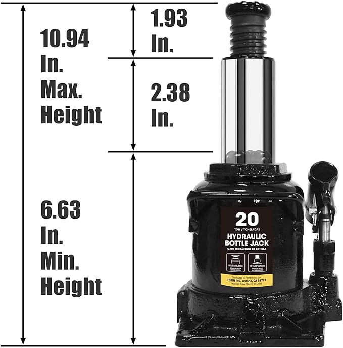 BIG RED 20 Ton (40,000 LBs) Torin Hydraulic Stubby Low Profile Car Bottle Jack for Auto Repair and House Lift, Black, AT92007AB
