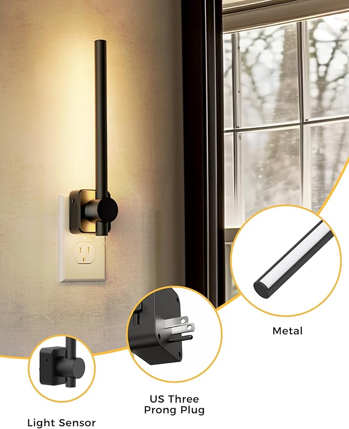 L LOHAS LED Night Light, Black Vanity Night Light Plug into Wall 0-200LM, Dusk to Dawn Sensor, 2 W Dimmable Night Lights, Soft White 3000K, Modern Nightlight for Bathroom Mirror Restroom, 1 Pack