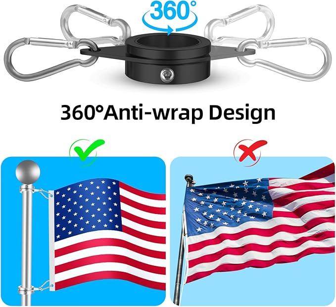 Anovo Flag Pole Rings, Flagpole Rings Aluminum Alloy 360 Rotating Anti Wrap Flag Mounting Spinning Ring Clips for 0.75-1.02 Inch Diameter Flagpole (1 Inch -Pack of 2, Black)
