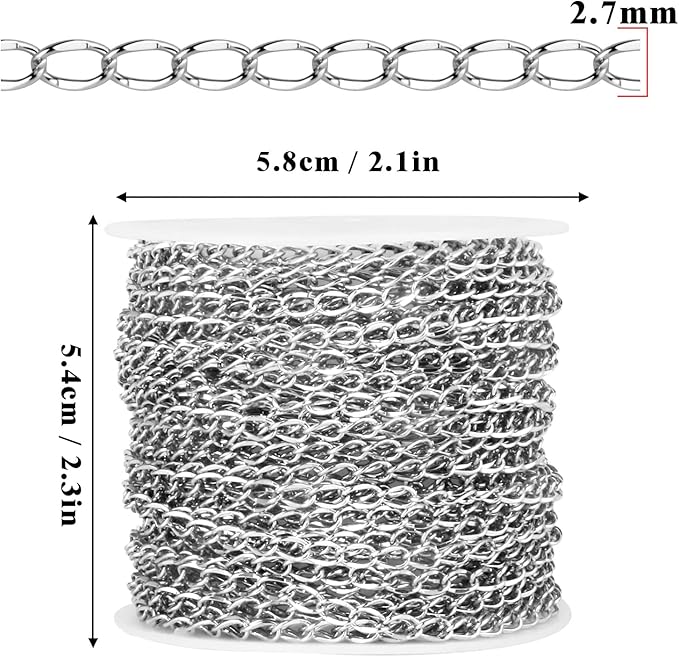 66 Feet Stainless Steel Twisted Link Chains Chains Roll, 2.7mm Width 304 Stainless Steel Flat Twisted Cable Link Chain Bulk Spool for Jewelry Making DIY Craft